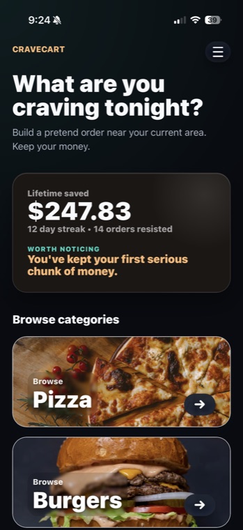 CraveCart app home screen showing savings and browse categories